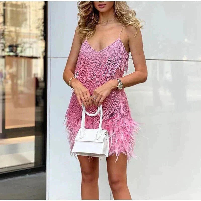 Calista Feather-Trim Mini Dress