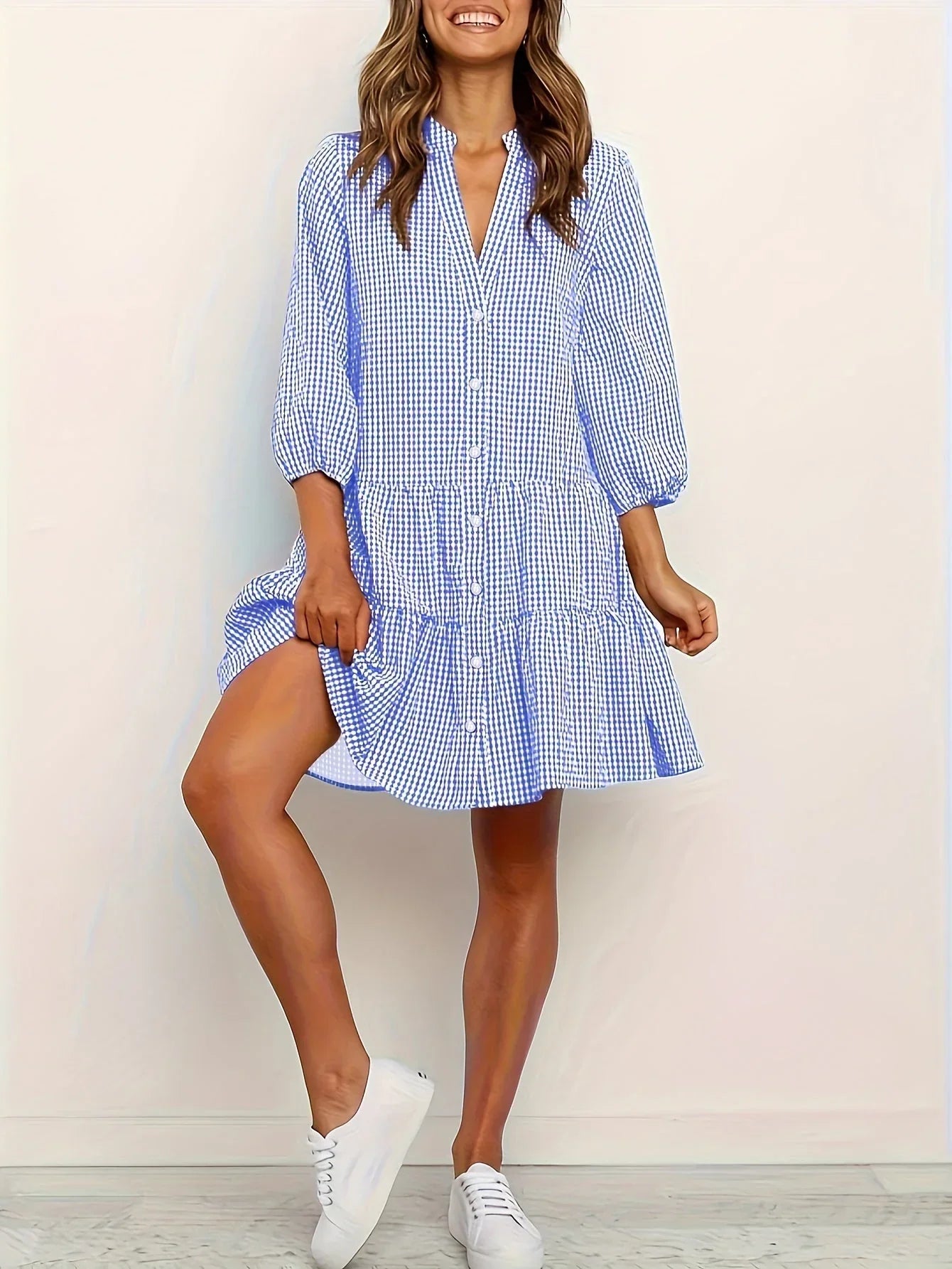 Diona Gingham Shirt Dress with 3/4 Sleeves