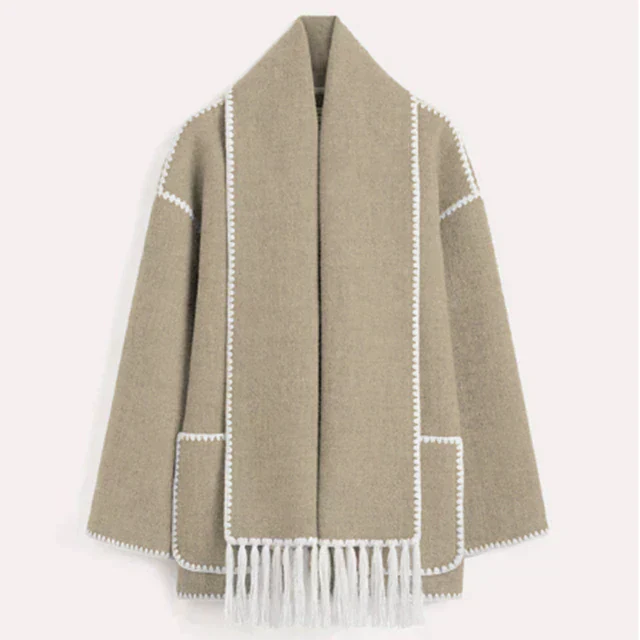 JADE OVERSIZED COAT WITH FRINGE AND STITCH DETAIL