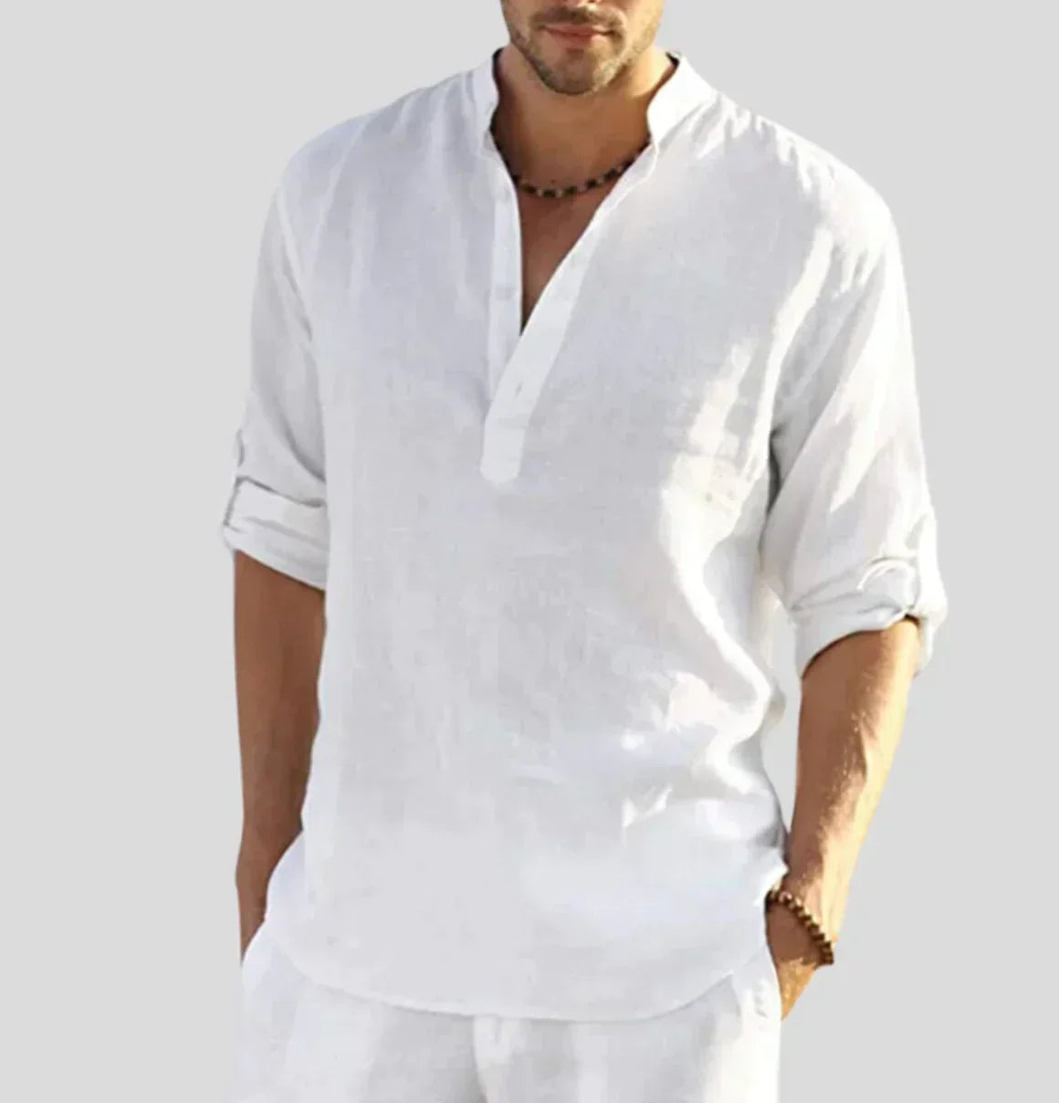 Micha Mandarin Collar Linen-Look Shirt for Men