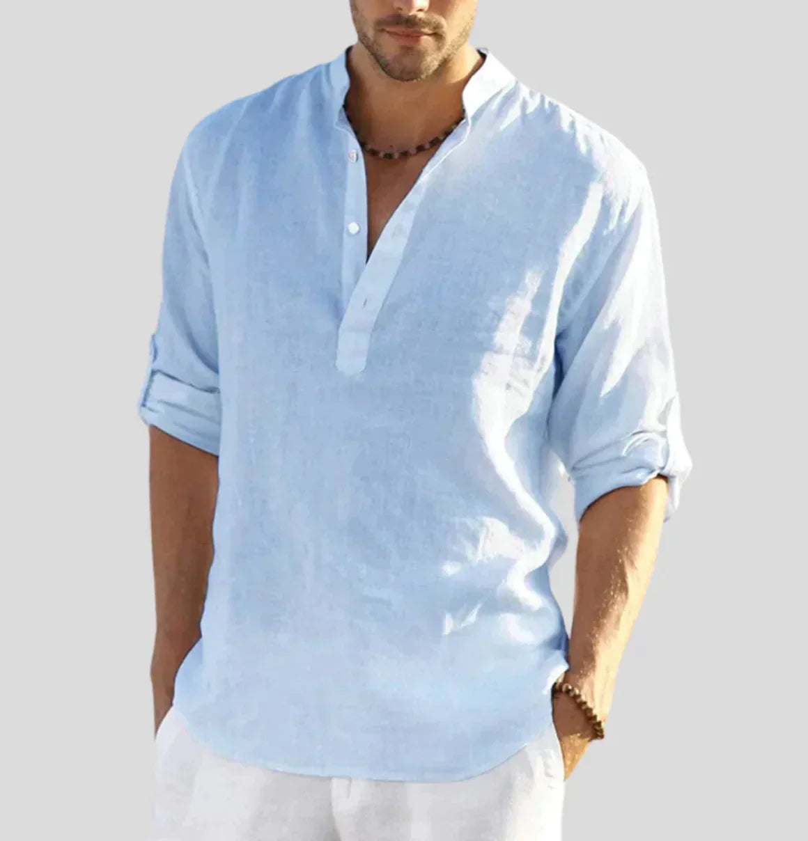 Micha Mandarin Collar Linen-Look Shirt for Men