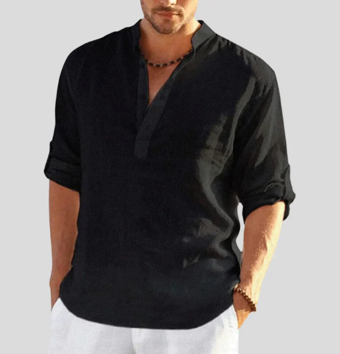 Micha Mandarin Collar Linen-Look Shirt for Men