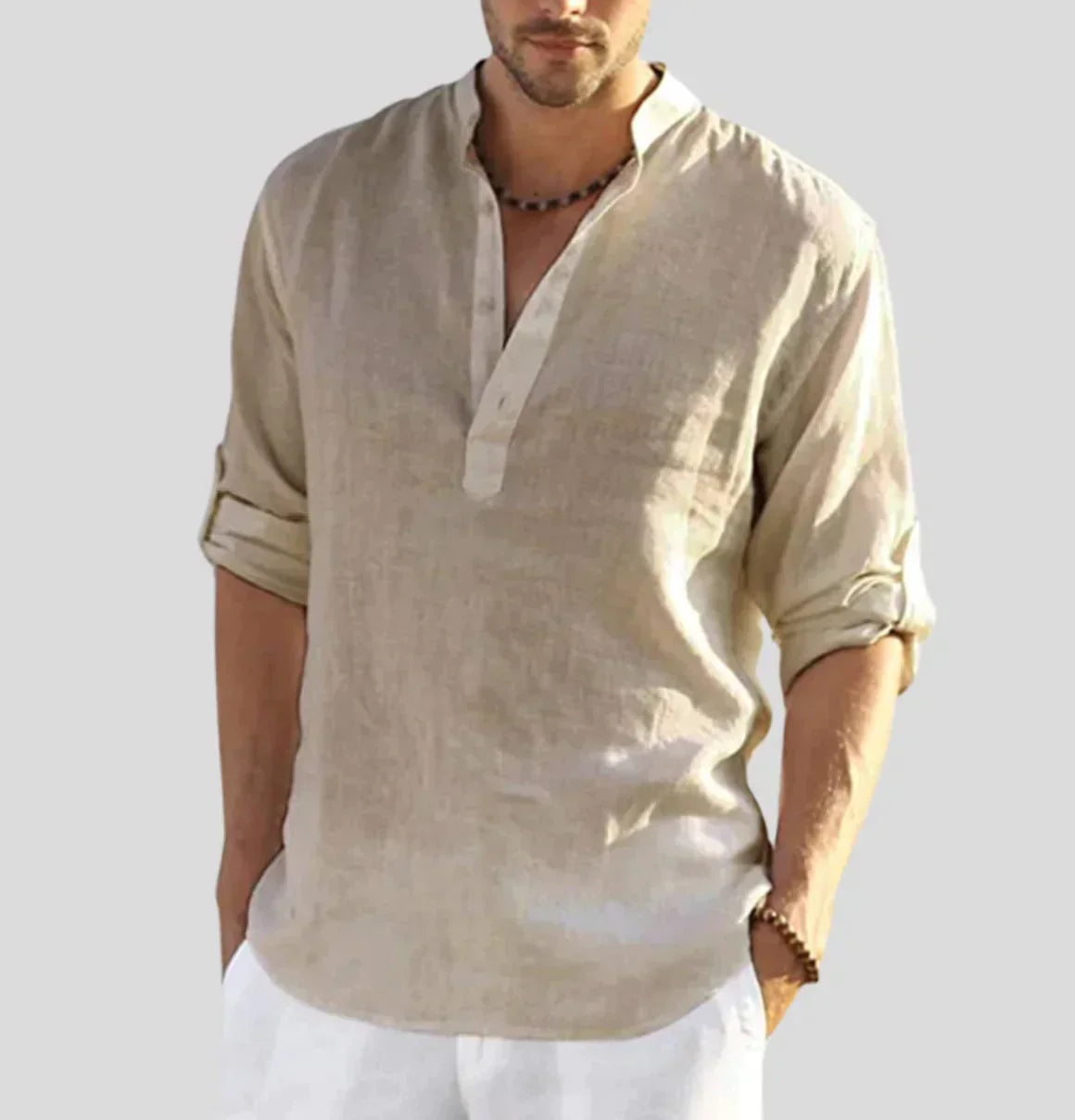 Micha Mandarin Collar Linen-Look Shirt for Men