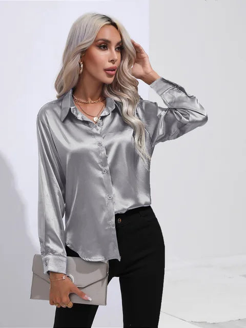 Shania Satin Button-Up Blouse with Classic Collar