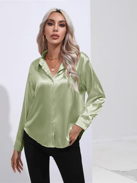 Shania Satin Button-Up Blouse with Classic Collar