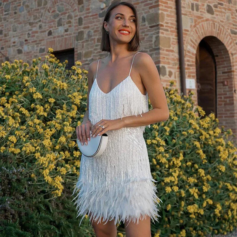 Calista Feather-Trim Mini Dress