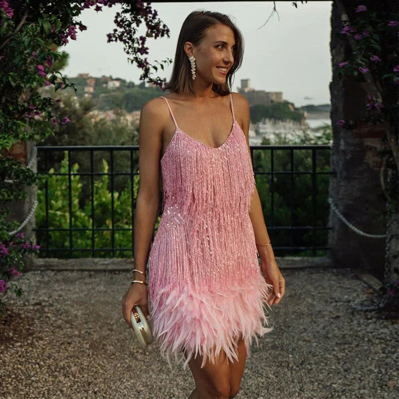 Calista Feather-Trim Mini Dress