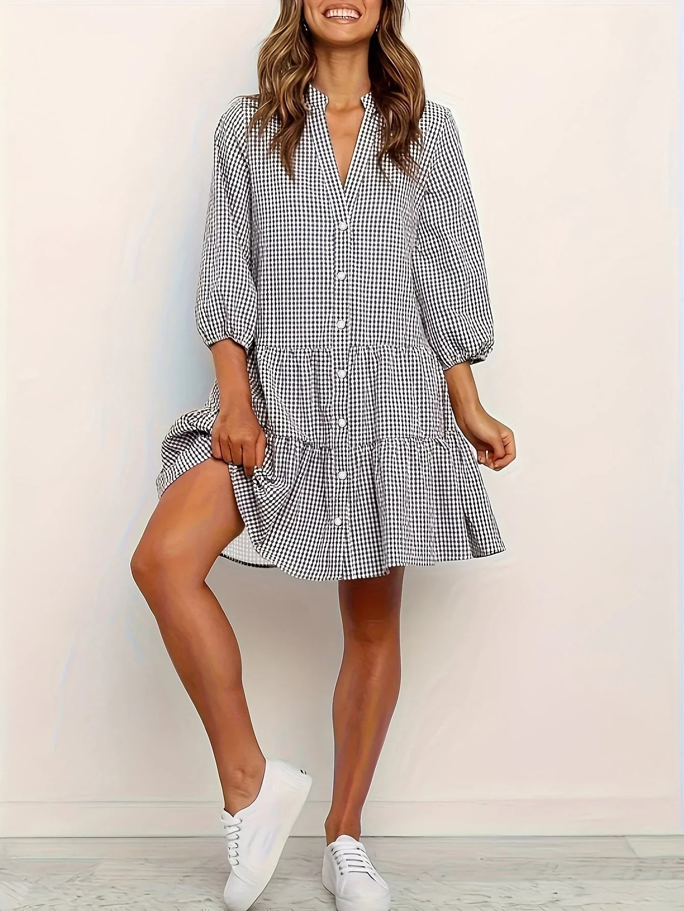 Diona Gingham Shirt Dress with 3/4 Sleeves
