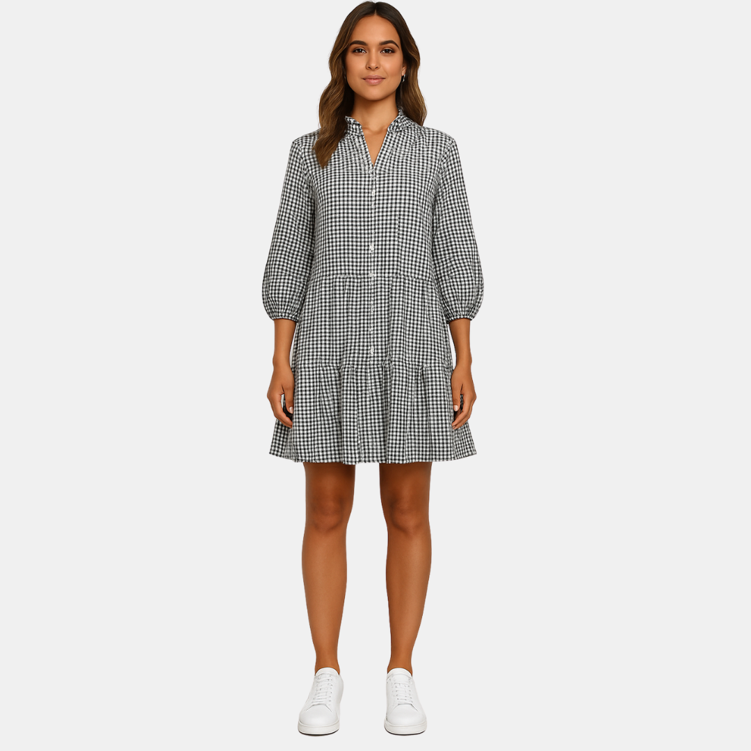 Diona Gingham Shirt Dress with 3/4 Sleeves