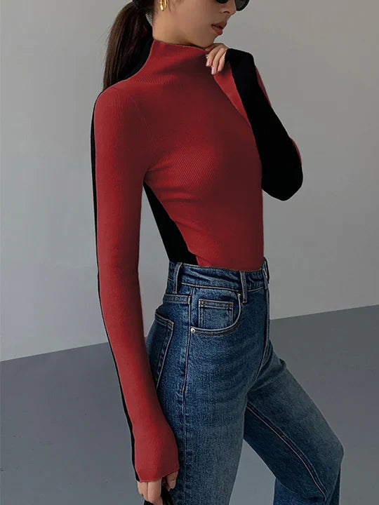 Elle Turtleneck Top with Contrasting Sleeves