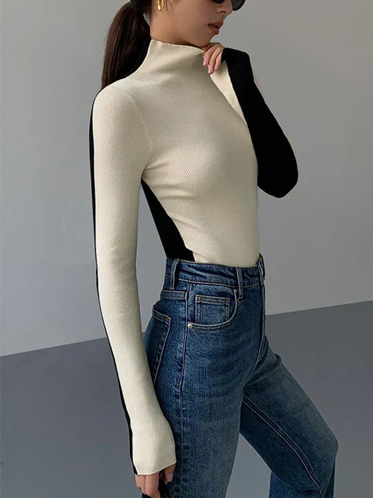 Elle Turtleneck Top with Contrasting Sleeves
