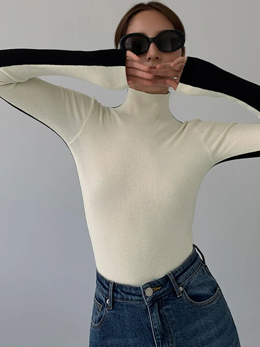 Elle Turtleneck Top with Contrasting Sleeves