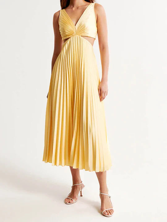 Indigo Pleated Cross-Front Midi Dress