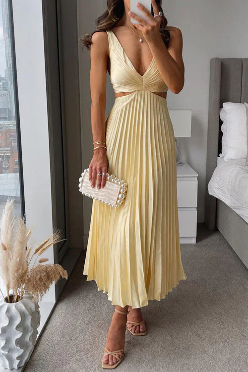 Indigo Pleated Cross-Front Midi Dress