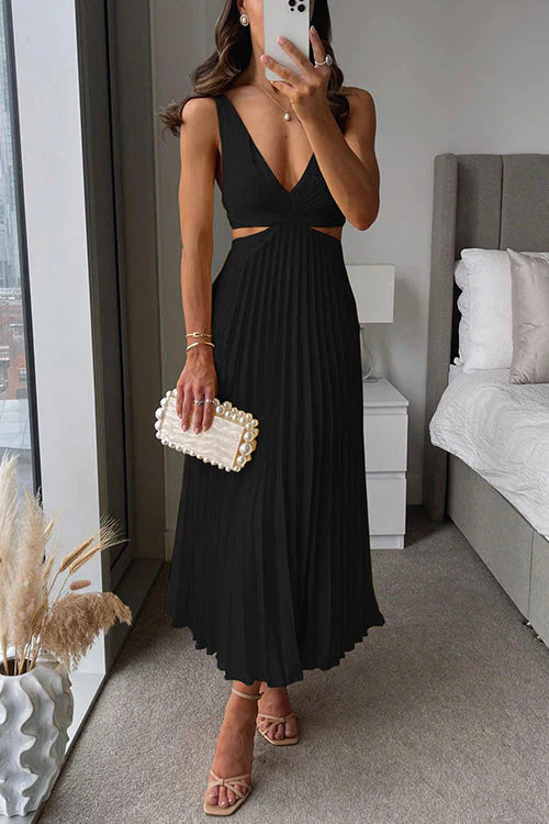 Indigo Pleated Cross-Front Midi Dress