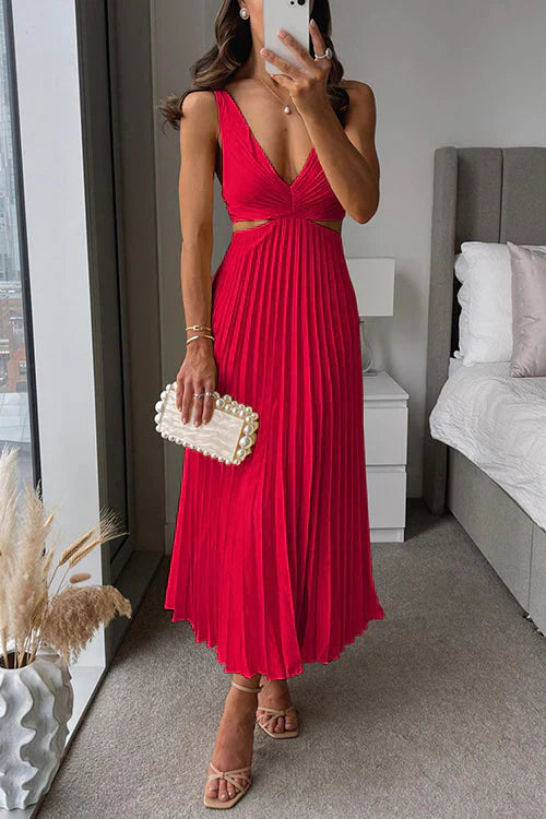 Indigo Pleated Cross-Front Midi Dress