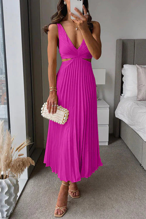 Indigo Pleated Cross-Front Midi Dress