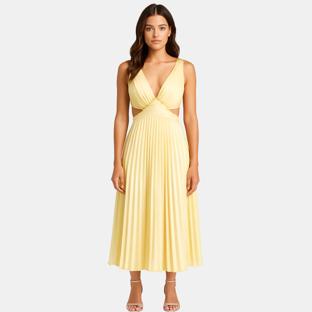Indigo Pleated Cross-Front Midi Dress