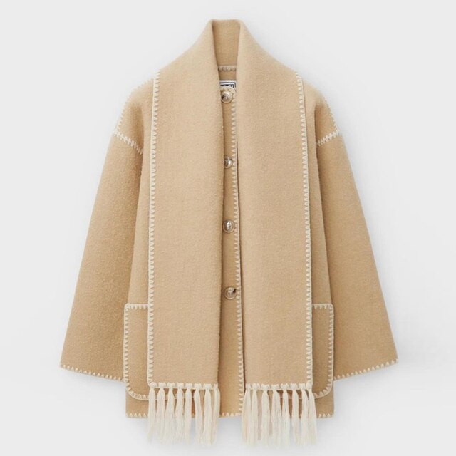JADE OVERSIZED COAT WITH FRINGE AND STITCH DETAIL
