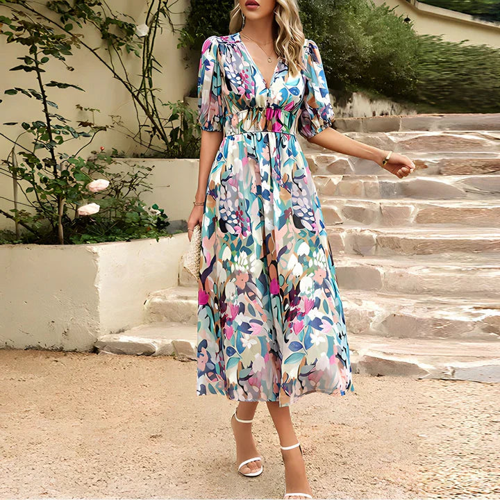 Leah Abstract Midi Dress with Puff Sleeves