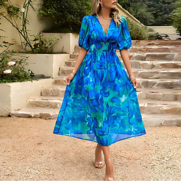Leah Abstract Midi Dress with Puff Sleeves