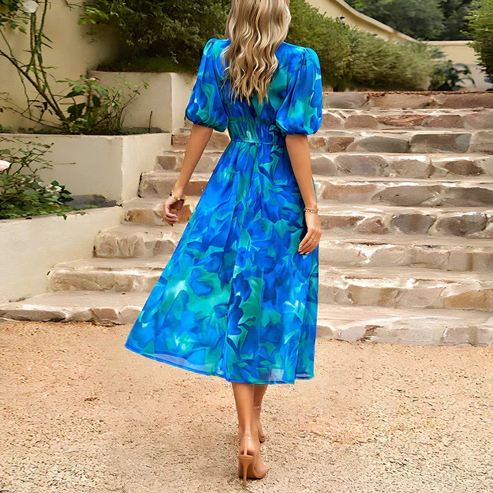 Leah Abstract Midi Dress with Puff Sleeves