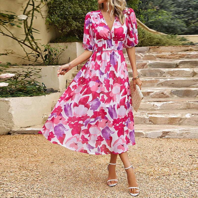 Leah Abstract Midi Dress with Puff Sleeves