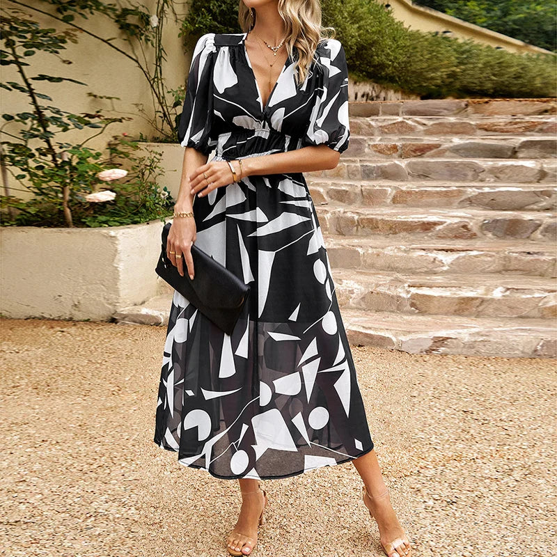 Leah Abstract Midi Dress with Puff Sleeves
