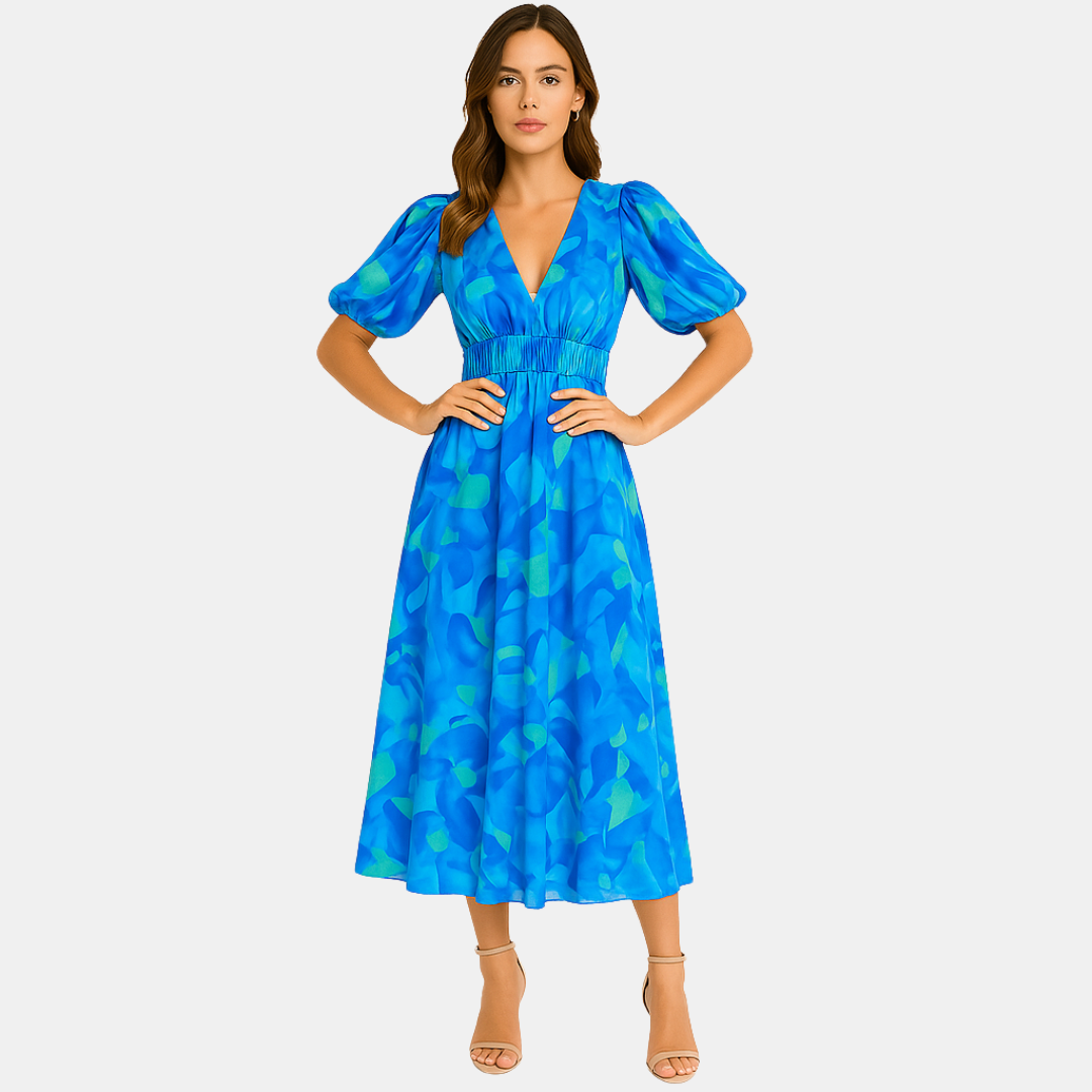 Leah Abstract Midi Dress with Puff Sleeves