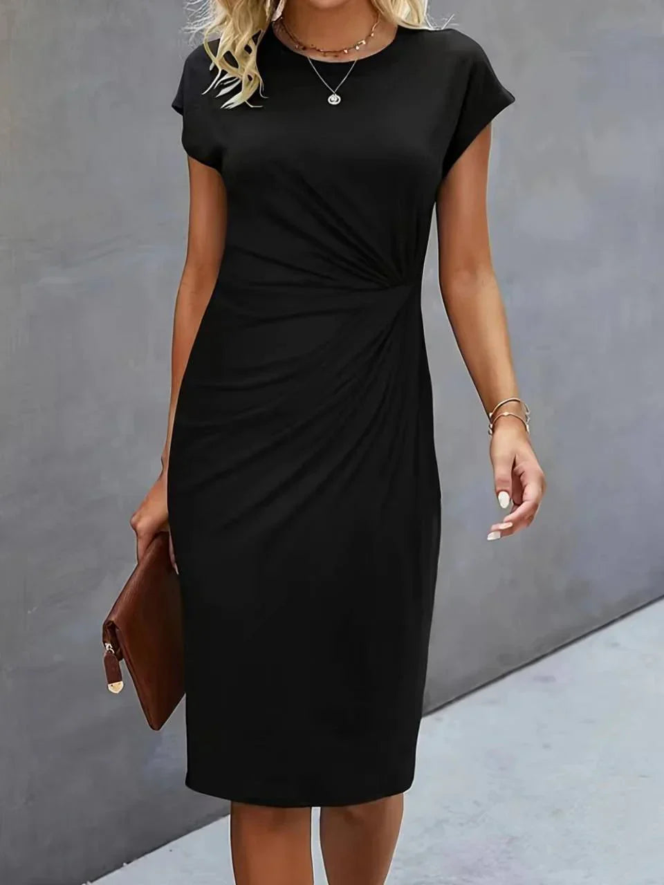 Lenora Elegant Fitted Midi Dress with Side Pleats