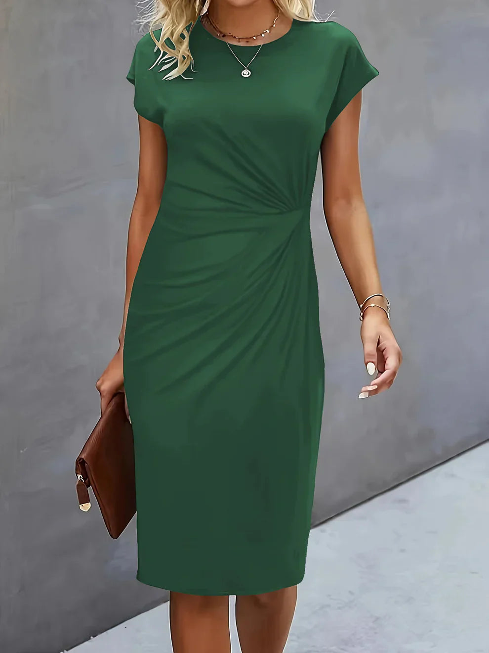 Lenora Elegant Fitted Midi Dress with Side Pleats