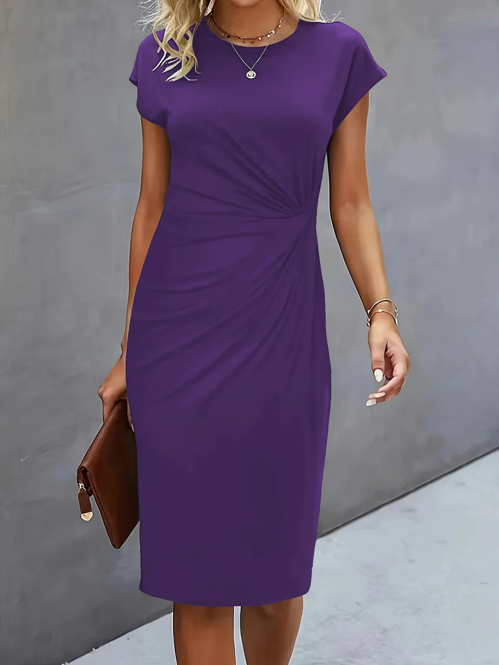 Lenora Elegant Fitted Midi Dress with Side Pleats