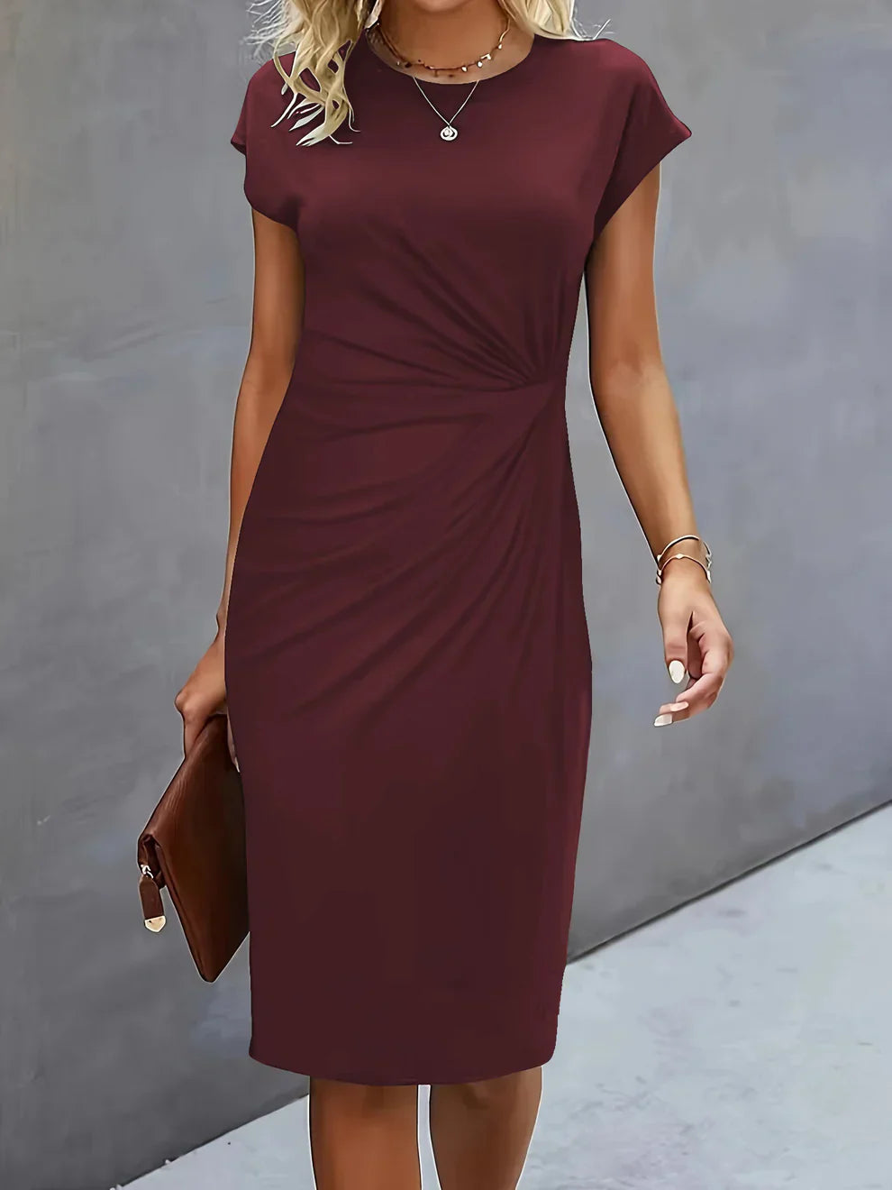 Lenora Elegant Fitted Midi Dress with Side Pleats
