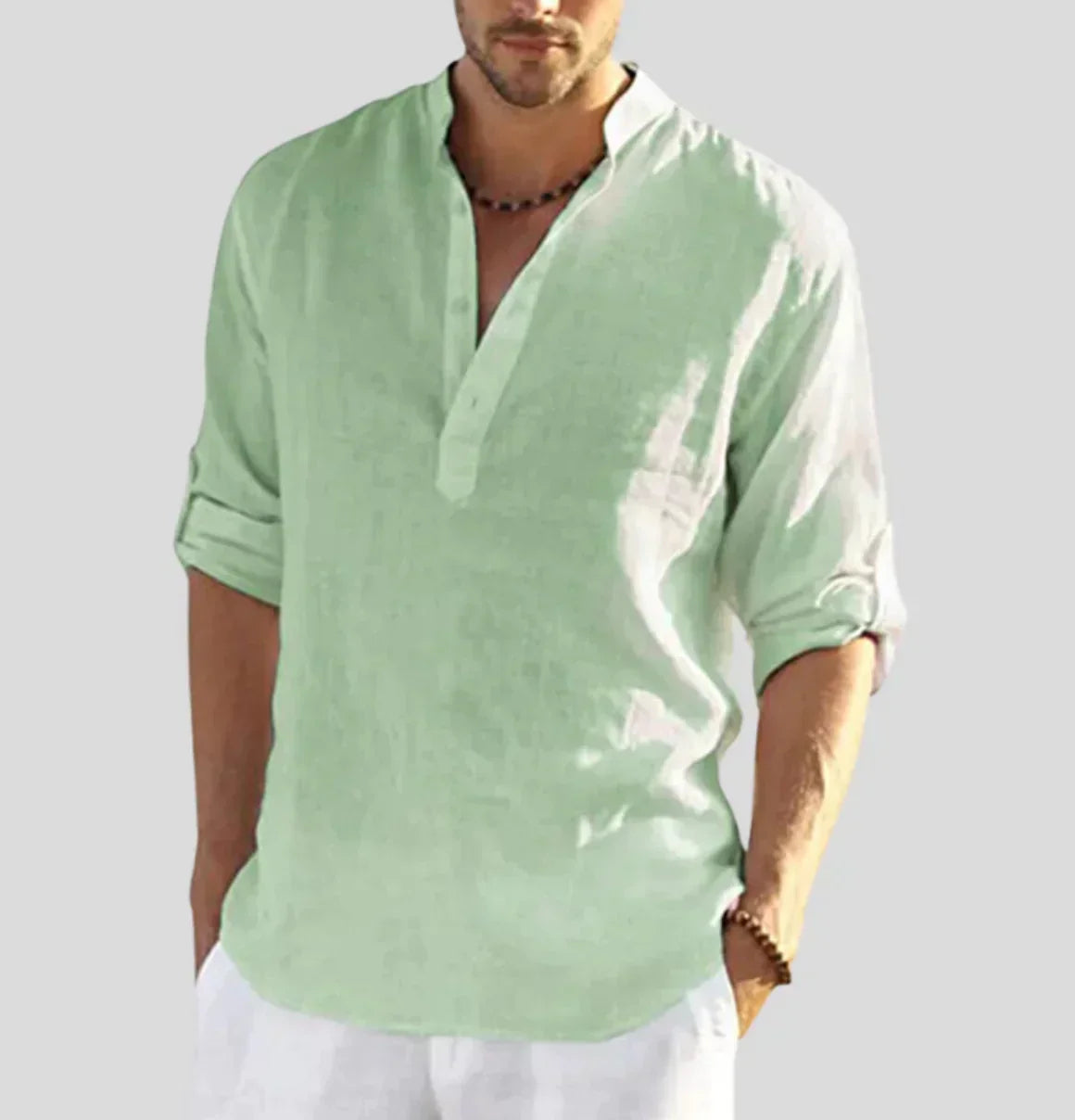 Micha Mandarin Collar Linen-Look Shirt for Men