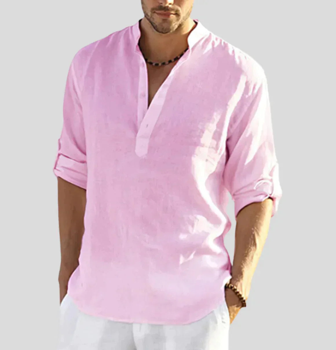 Micha Mandarin Collar Linen-Look Shirt for Men