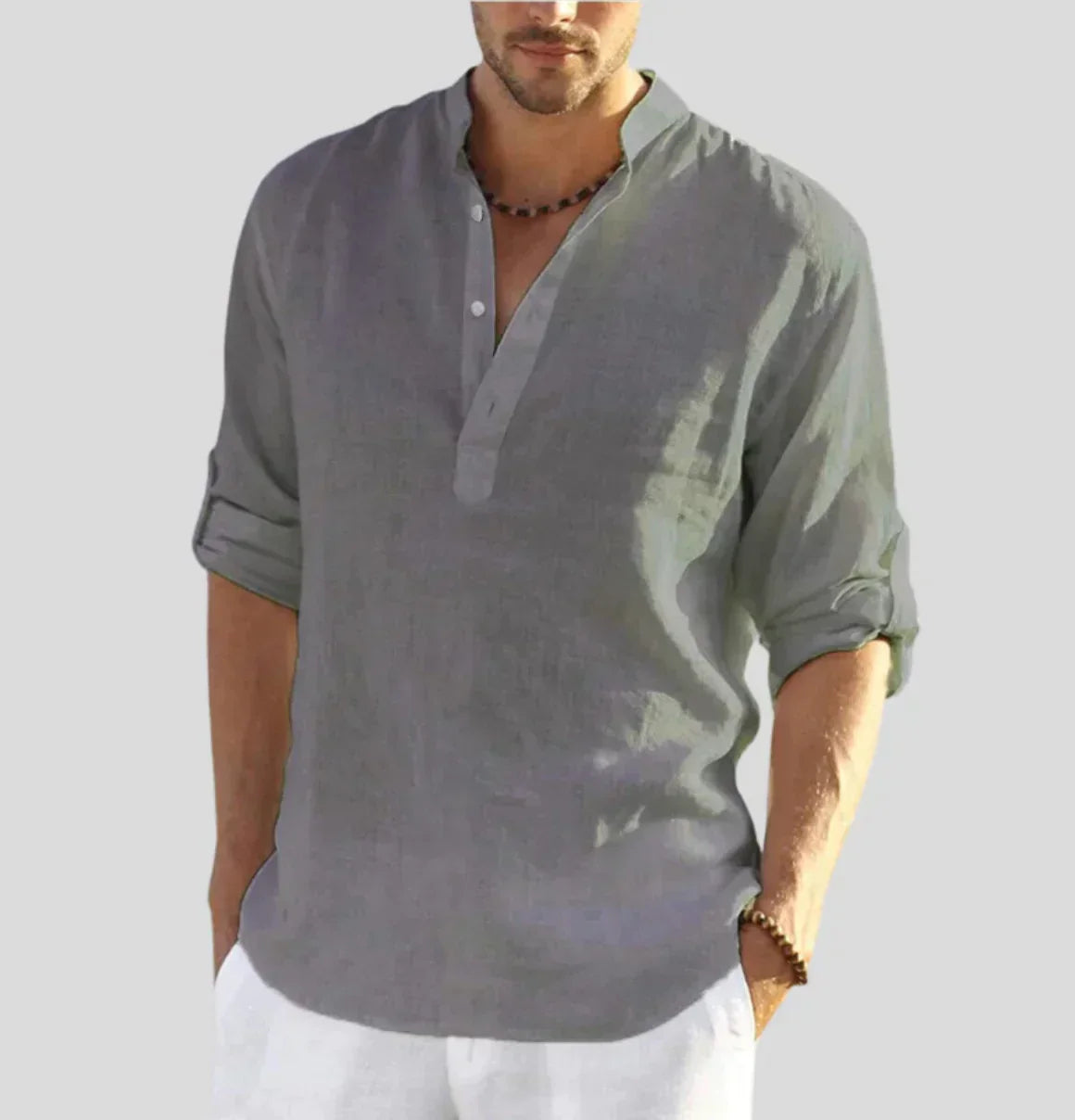 Micha Mandarin Collar Linen-Look Shirt for Men