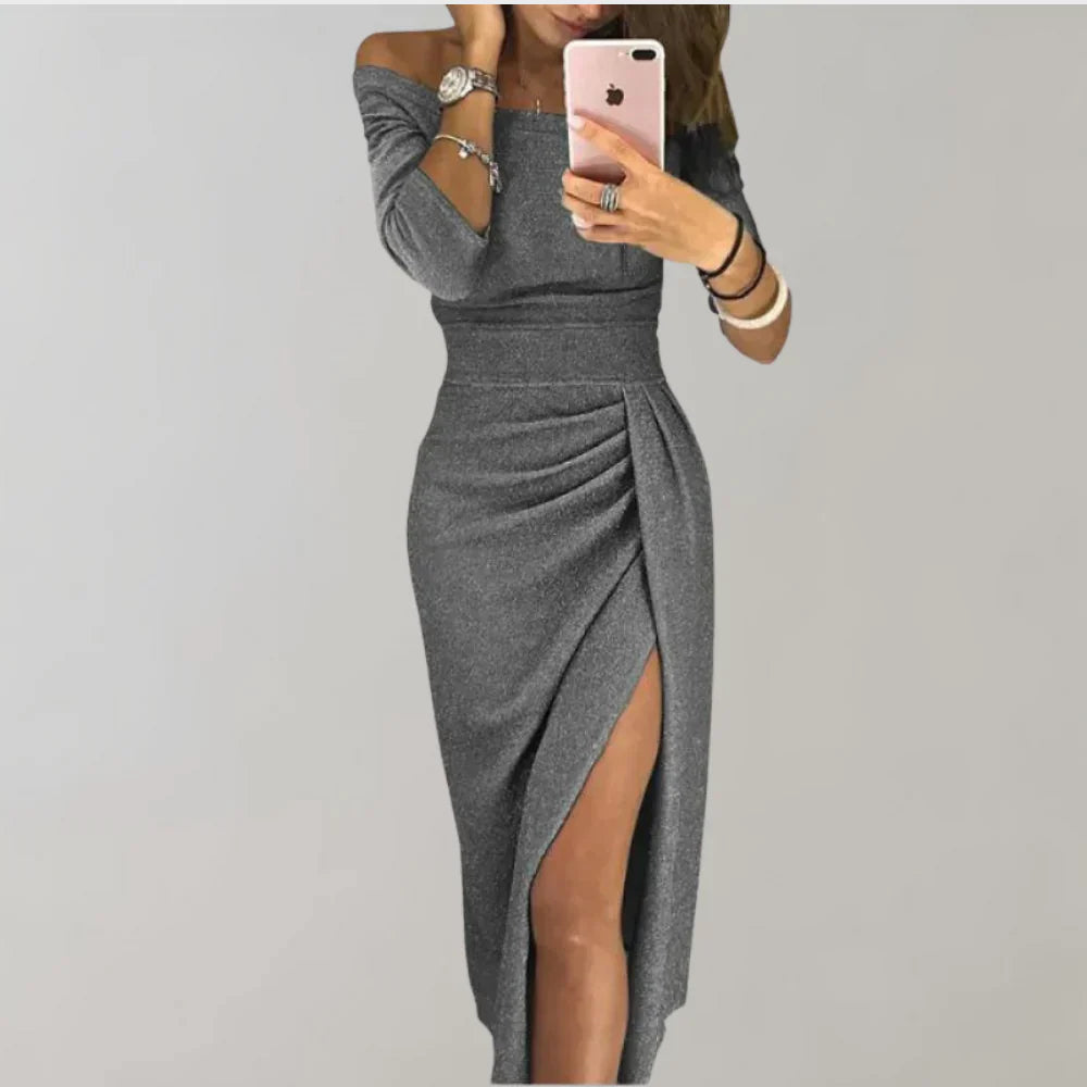 Miley Off-Shoulder Midi Dress with Side Slit