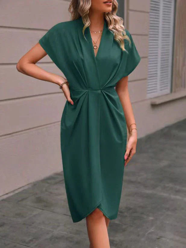 Saphira Twist-Front Midi Dress with Cap Sleeves