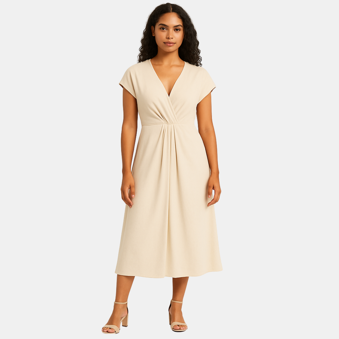 Saphira Twist-Front Midi Dress with Cap Sleeves