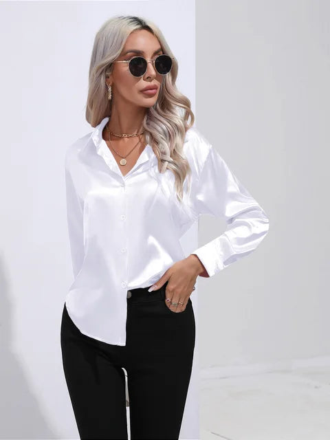 Shania Satin Button-Up Blouse with Classic Collar