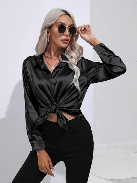 Shania Satin Button-Up Blouse with Classic Collar