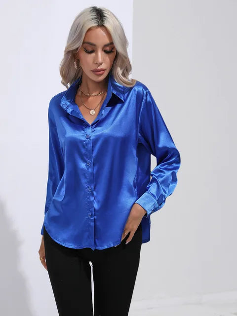 Shania Satin Button-Up Blouse with Classic Collar