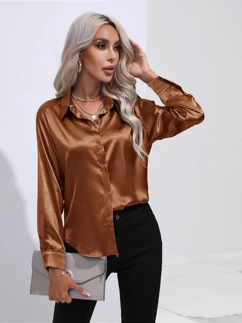 Shania Satin Button-Up Blouse with Classic Collar