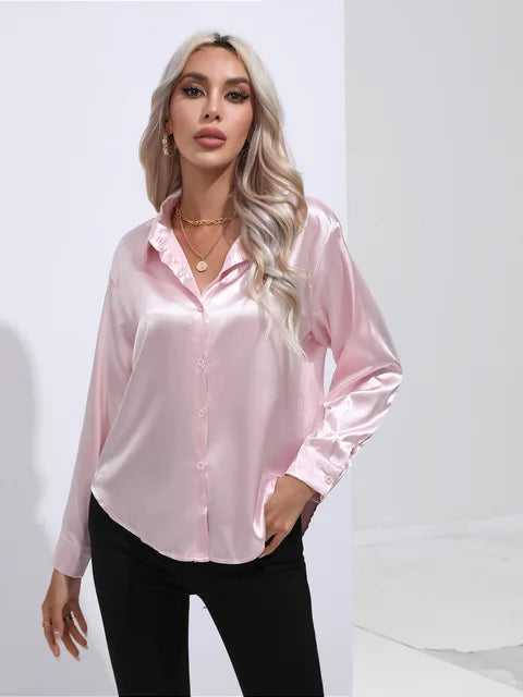 Shania Satin Button-Up Blouse with Classic Collar