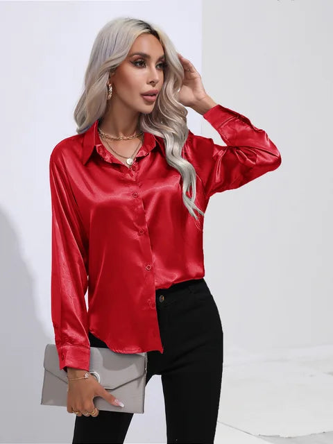 Shania Satin Button-Up Blouse with Classic Collar