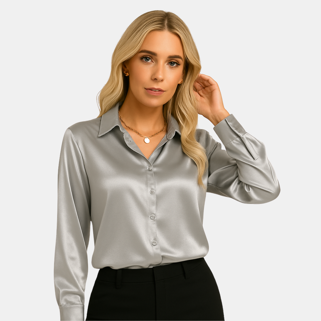 Shania Satin Button-Up Blouse with Classic Collar